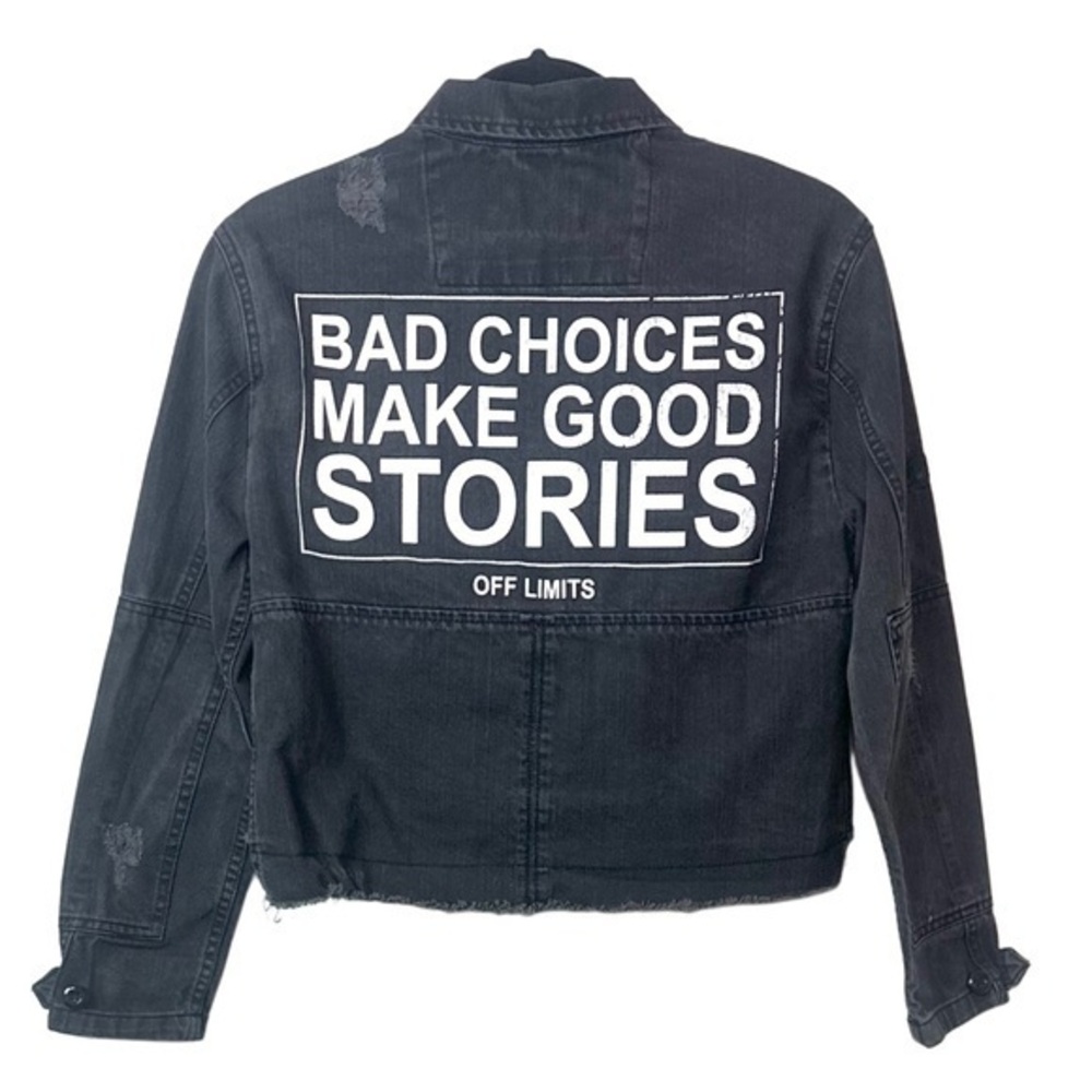 Bershka BSKGIRL Graphic Distressed Cropped Denim Trucker Jacket Black Womens XS